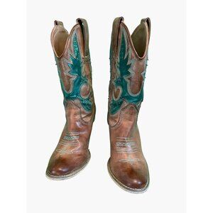 Womens Western Leather Embroidered Cowboy Boots With Green Inlay Brown & Teal
